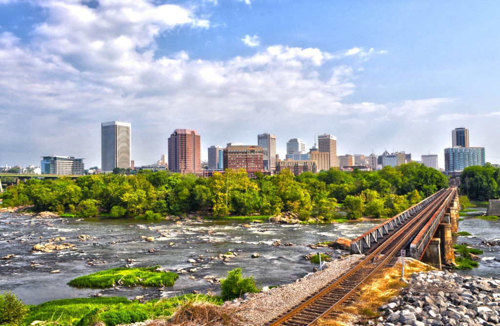 Richmond Virginia skyline with the James River in the foreground