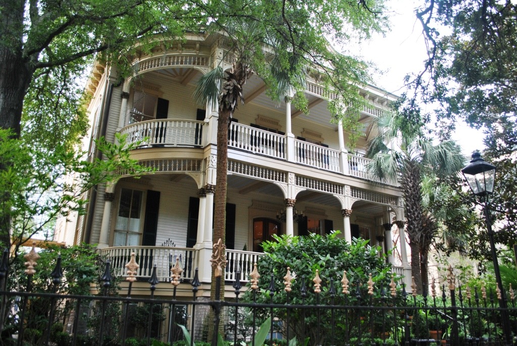 Historic Savannah Georgia neighborhood with live oaks and residential rooftops